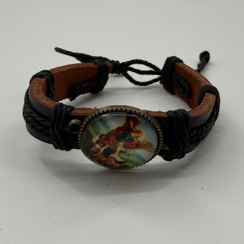 Saint Michael Faux Leather Bracelet OS Religious Charm Guardian Angel Rustic